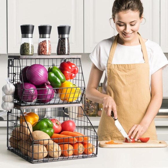 New 2-Tier Wall-Mounted Fruit Basket for Potato & Onion Storage with Lid - Picture 4 of 15